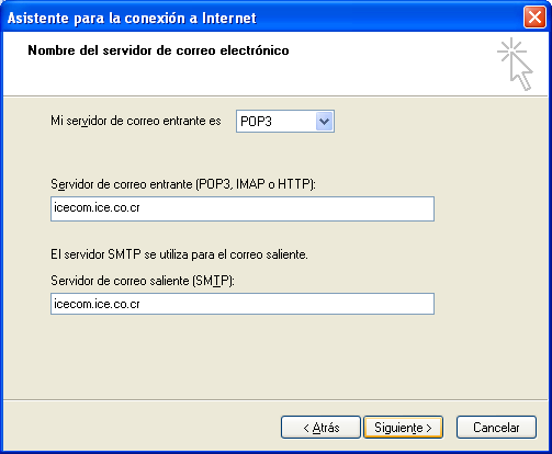 Esta pantalla se debe colocar la siguiente información: En la opción "Mi servidor de correo entrante es" ( My incoming mail server is ) se escoge la opcion"pop3".