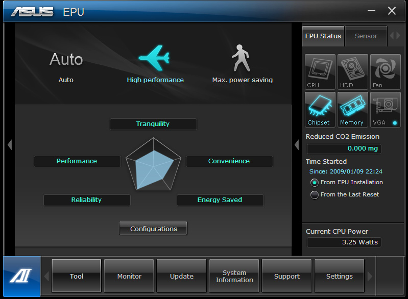 Herramientas La sección Tool (Herramientas) permite acceder a los paneles EPU, Probe II y Sensor Record.