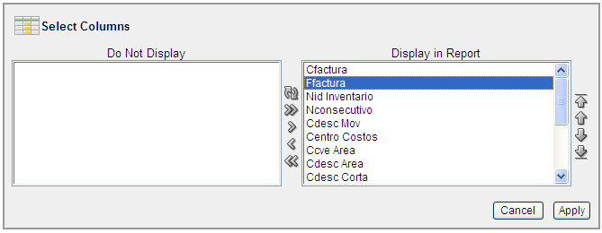 2012 14 de 37 Selección de Columnas: En esta sección el usuario podrá seleccionar las columnas y el orden en que desea verlas desplegadas en pantalla con la ayuda del siguiente recuadro.
