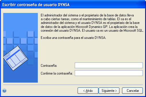 PARTE 2 INSTALACIÓN DE SERVIDOR DE MICROSOFT DYNAMICS GP 5. Si el usuario DYNSA no dispone de contraseña, aparecerá la ventana Escribir contraseña de usuario DYNSA.
