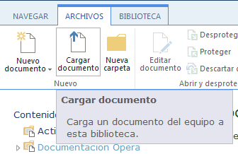 6.2 Agregar un documento Existen 2 maneras diferentes de agregar documentos individualmente (uno a uno) a las librerías de documentos y/o carpetas: 6.2.1 A través de la opción Cargar documento 1.