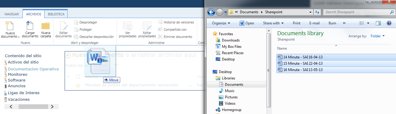 6.3.2 A través de la opción Arrastrar archivos aquí 1.- En el sitio de SharePoint, seleccionar la biblioteca de documentos donde se desea agregar el documento 2.