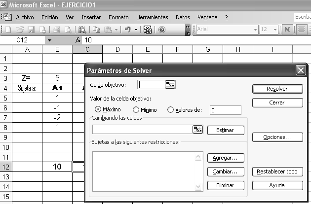Para calcular el valor de Z máximo, se utiliza una herramienta que incluye Excel llamada SOLVER. Para correr el Solver se elige SOLVER en el menú Herramientas.