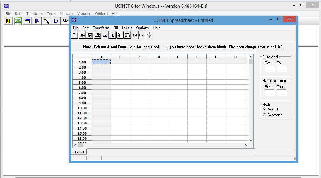 Matriz de datos Ucinet Aparecerá la siguiente pantalla: Las operaciones básicas a realizar son: a) introducir los nombres de filas y columnas b) introducir los valores de las relaciones c)
