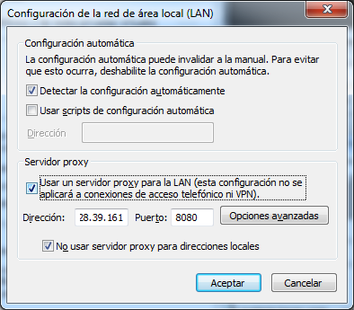 Si su navegador tiene configurado el proxy, deberá tener el visto donde dice Usar un servidor proxy, en dirección tendrá la dirección IP y puerto del proxy.