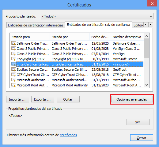 Internet Explorer: Menú Herramientas Opciones de Internet solapa [Contenido] botón [Certificados] Seleccionar