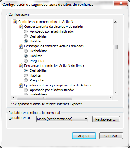 Ir al item: Controles y complementos de ActiveX Descargar los controles