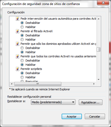 Permitir el Filtrado de ActiveX Deshabilitar Permitir que solo los dominios aprobados utilicen ActiveX sin preguntar Habilitar A