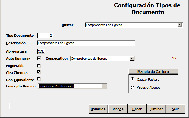 Modulo Contabilidad Configuración del sistema Tipos de documento Seleccione el tipo de