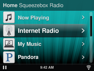 Presentación en pantalla La pantalla de Squeezebox incluye una barra de título, opciones de menú o carátulas y una barra de estado.
