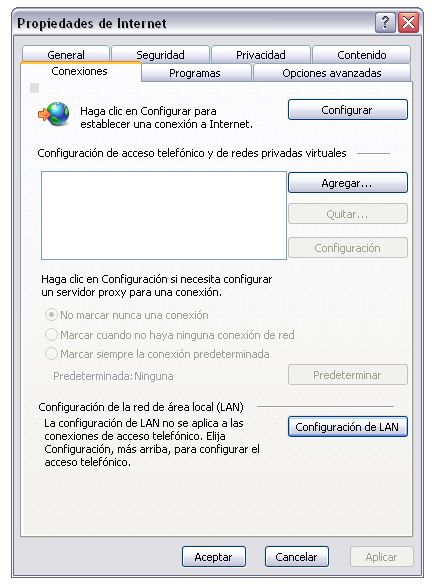Configuraciones de Proxy en los Diferentes navegadores Windows XP Internet Explorer: Inicio > Panel de Control > Opciones de internet.