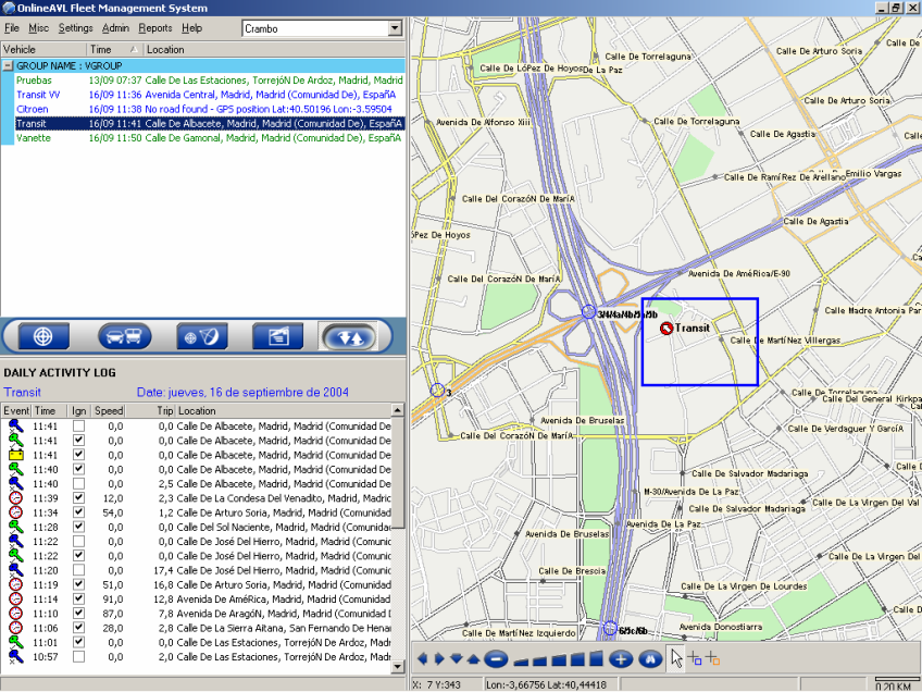 Monitorización Resumen de la flota Mostrar un vehículo en el mapa, ver la situación en tiempo