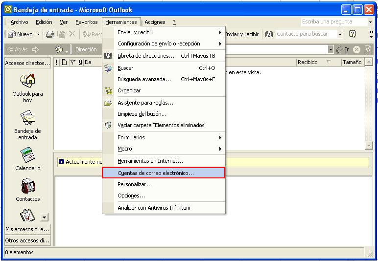 Configuración de Correo en Microsoft Outlook XP Para configurar tu cuenta de correo de Infinitum Mail, cuentas con las siguientes opciones: 1. Configuración IMAP 2. Configuración POP3 1.