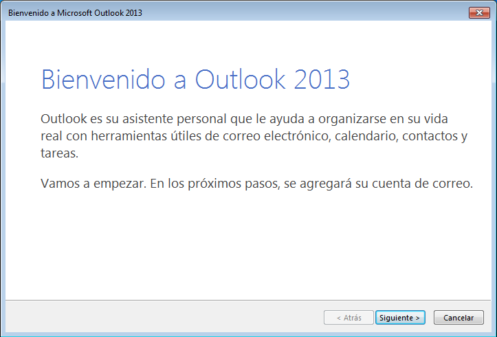 3.2. Microsoft Outlook 2013 3.2.1. Agregar una cuenta por primera vez Nombre: CONFIGURACIÓN CORREO INGENS-NETWORKS 1. Acceder al cliente de correo.