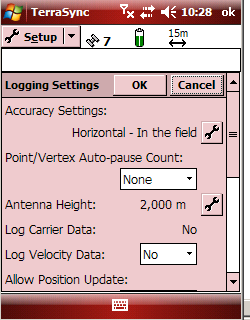 Para ingresar los datos de la antena pique la herramienta a la derecha del valor de la altura y tiene la siguiente pantalla: 10. Pique el bloque Logging Settings.