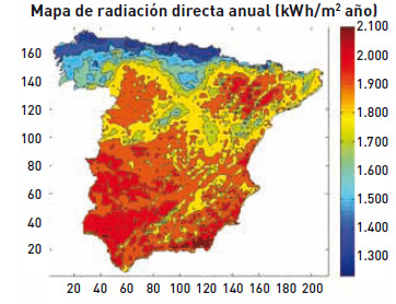 Para el estudio se ha tenido en cuenta la distribución espacial de la radiación directa anual en España.