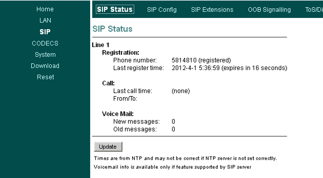 Si la configuración está correcta, en la opción SIP del menú principal, veremos que en SIP Status nuestra cuenta IP está registrada y lista para realizar llamadas, como se muestra a continuación.