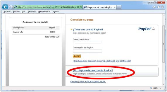 está registrado, pulse sobre: No dispone de una cuenta PayPal?