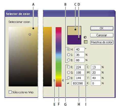 Información general del selector de color Puede utilizar el Selector de color para seleccionar el color de relleno o de trazo del objeto eligiendo de un espectro de colores y un campo Color,