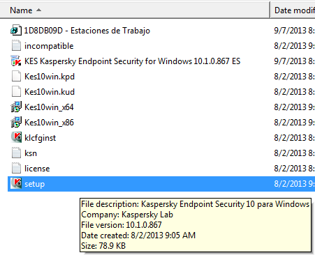 Guía de instalación y configuración de Kaspersky Endpoint Security Pasos para la instalación 1. Copiar la licencia e instalador para una misma carpeta. 2. Ejecutar el instalador. 3. Pulsar Siguiente.