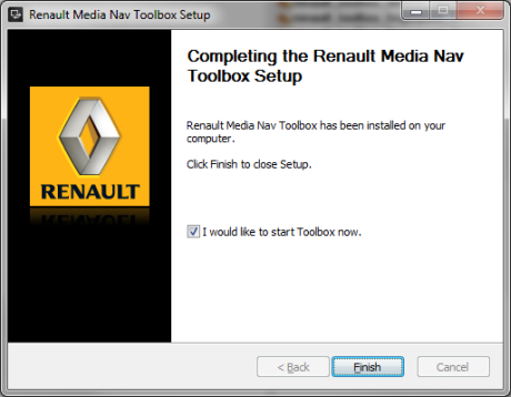 Si selecciona la opción "I would like to start Toolbox now" (Quiero iniciar Toolbox ahora), Renault Media Nav Toolbox se iniciará automáticamente después de la instalación.