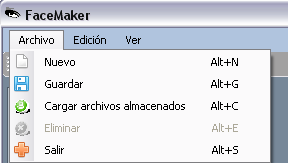 1.- Menú y barra de herramientas de FaceMaker. Menú Archivo.