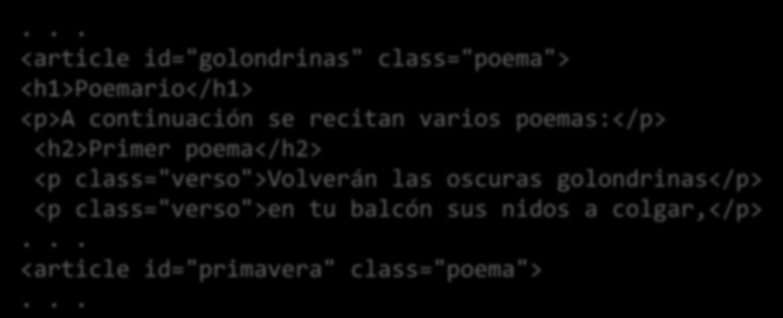 Selección mediante clases Mediante.clase se seleccionan los elementos de clase.verso { margin-left: 3em; }.