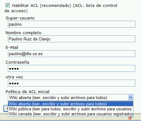 DokuWiki Nivel de Administración Instalación ACL: (Access Control List) Lista de control de acceso = Permisos para los usuarios.