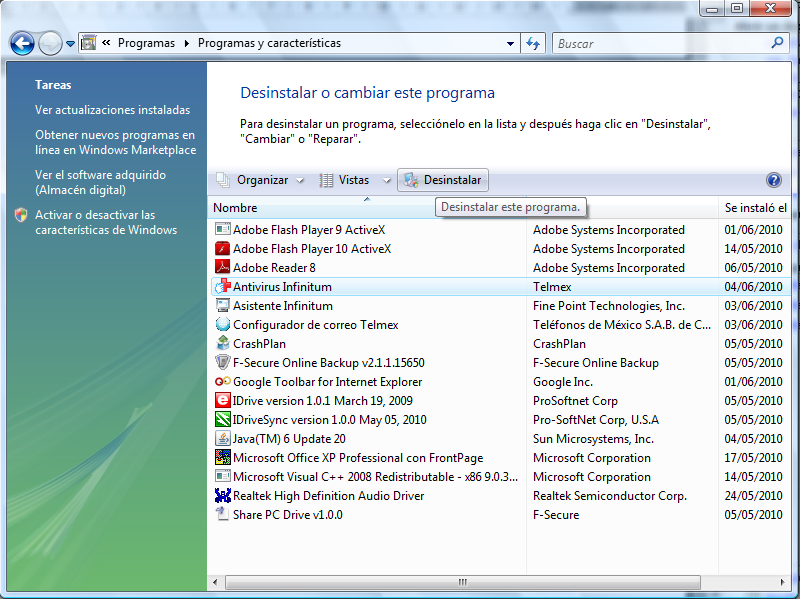 Windows Vista A. Da Clic en el botón Inicio de Windows y selecciona el Panel de Control. B. Busca el menú de Programas.