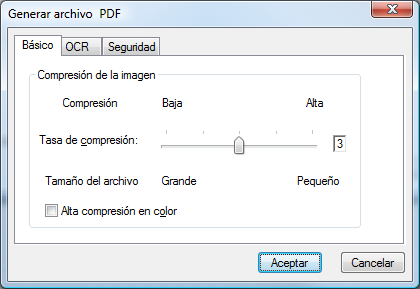 Capítulo 2 3 Para especificar las configuraciones relacionadas con PDF, haga clic en el botón [Opción de PDF]. Aparecerá la ventana [Generar archivo PDF].