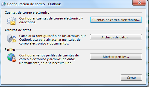Sea cual sea su versión de Outlook, si su sistema operativo es Windows 7, también puede llegar a la siguiente pantalla a través del panel de control / correo y botón cuentas de