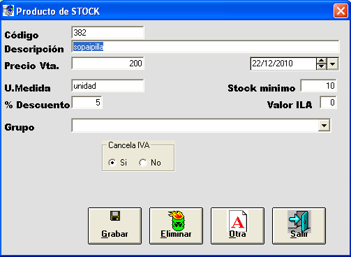 Archivo: Producto de Stock En esta ventana de nuestro sistema, se puede ingresar los productos (stock y de recetas), con el cual el sistema le da su propio código, se