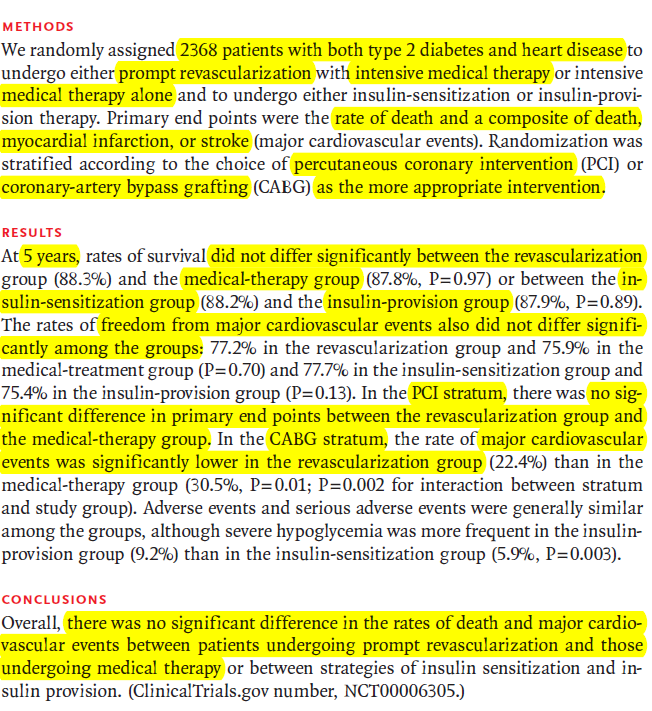 BARI 2D CRITERIOS DE INCLUSIÓN Pacientes con DM tipo 2 y EC (50%+stress o 70%) CRITERIOS DE EXCLUSIÓN PCI/CABG en 12 meses previos Enfermedad de TCI HbA1c