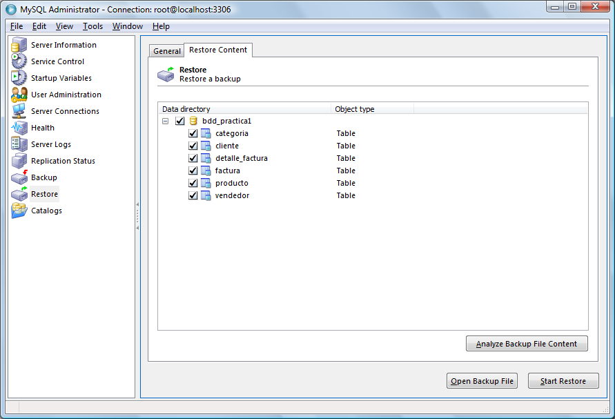 Luego de seleccionado el archivo (backup_bdd_practica1 20090816 2223.sql), pulsamos el boton Start restore.