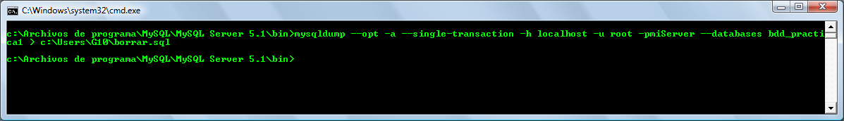 -a, --all Incluye todas las opciones de creación específicas de Mysql. --single-transaction Esta opción realiza un comando SQL BEGIN antes de volcar los datos del servidor.