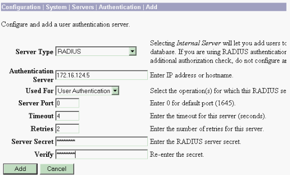 2. Complete estos pasos para agregar al servidor de RADIUS del Cisco Secure ACS for Windows a la configuración concentradora VPN 3000. a. Elija el Configuration (Configuración) > Sytem (Sistema) > Servers (Servidores) > Authentication (Autenticación), y el tecleo agrega del menú izquierdo.