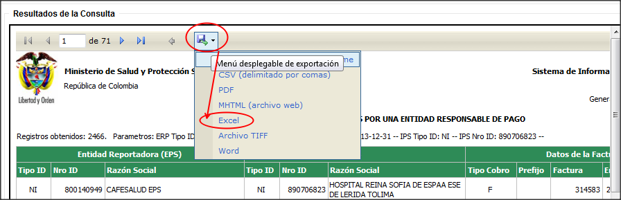 Para exportar a Excel la consulta anterior debe hacer clic en el