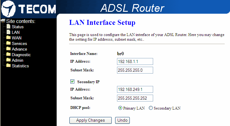 2.2. CONFIGURACIONES BÁSICAS DEL ROUTER: Configuración LAN: Acceda al menú web del router LAN para configurar los parámetros de su red local: Campo IP Address Subnet Mask Secondary IP DHCP pool