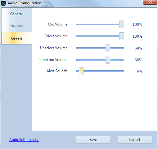 Pestaña Levels (Niveles) Use esta pestaña para fijar los niveles de volumen de audio iniciales al arranque del programa.