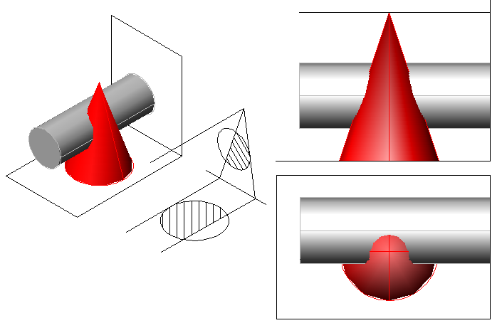 Figura 7. Intersección de figuras apoyadas en planos diferentes. Figura 8. Intersección cilindro-cono, límite doble. Formación de un codo.