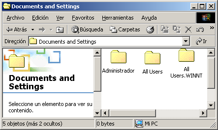 Folder (carpeta) Documents and settings Se crea una carpeta para cada una de las cuentas de