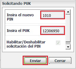 En el campo Introducir el PUK, escriba el código PUK de la tarjeta SIM y haga clic en Enviar. Escribiendo el código PUK Obs.