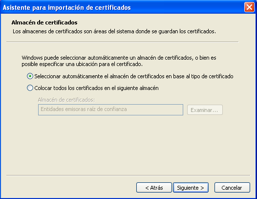 Le presentará el asistente para importar el certificado, haga clic en el botón Siguiente en la pantalla Haga clic en el botón Examinar y selecione el archivo del certificado, luego haga clic en el