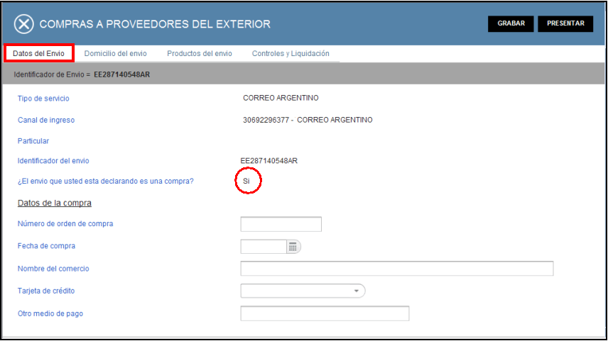 j.3 Datos del Envío Al seleccionar la solapa Datos del Envío el Sistema despliega la ventana para registrar aspectos relacionados con el envío.