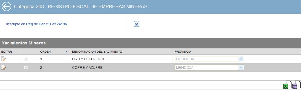 m.1 Categoría 208 - Registro Fiscal de Empresas Mineras Al seleccionar el botón Editar de la categoría 208 de la grilla de la ventana principal del F.