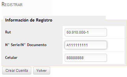 El número de Serie/N Documento, aparece al reverso de su cédula de identidad. 7) Presionar el botón Crear Cuenta (para este ejemplo se consideró el Rut de la Universidad).