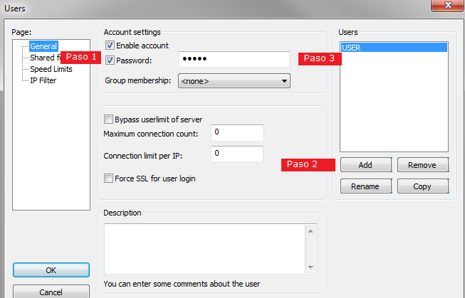 la pantalla que se despliega elegir la pestaña General y Crear un usuario a través del botón Add (ver img3 paso 1 y 2) Se sugiere trabajar con password (ver img3 paso 3) Luego elija la pestaña Shared