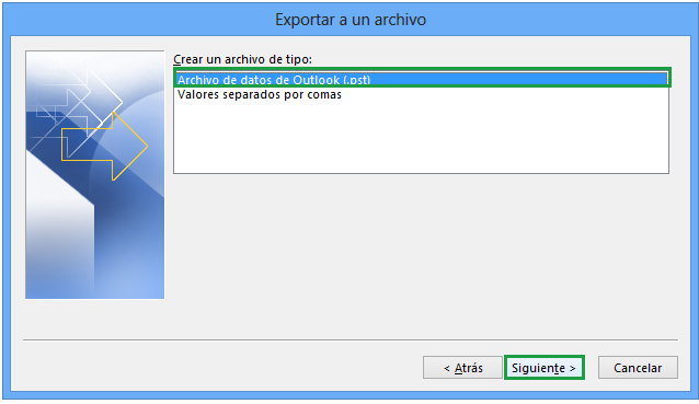 5. Haga clic en Archivo de datos de Outlook (.pst) y, a continuación haga clic, en Siguiente. 6. Seleccione la cuenta, una carpeta de nivel superior, que desea exportar.
