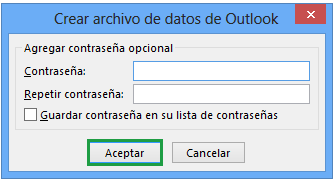 Archivo de datos de Outlook protegido con contraseña Si va a crear un archivo de datos de Outlook (.pst), puede proteger el archivo con una contraseña opcional.