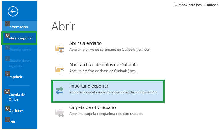 Importar elementos de Outlook desde un Archivo de datos de Outlook (.pst) 1. Haga clic menú Archivo, en Abrir y exportar. 2.
